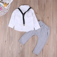 Fashion Track kotli ajk.Baby Boys Clothes White Shirt Long Sleeve Tops Gray Bib Pants Formal Outfit Set 2Pcs